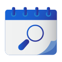Blue calendar and blue magnifying glass search icon